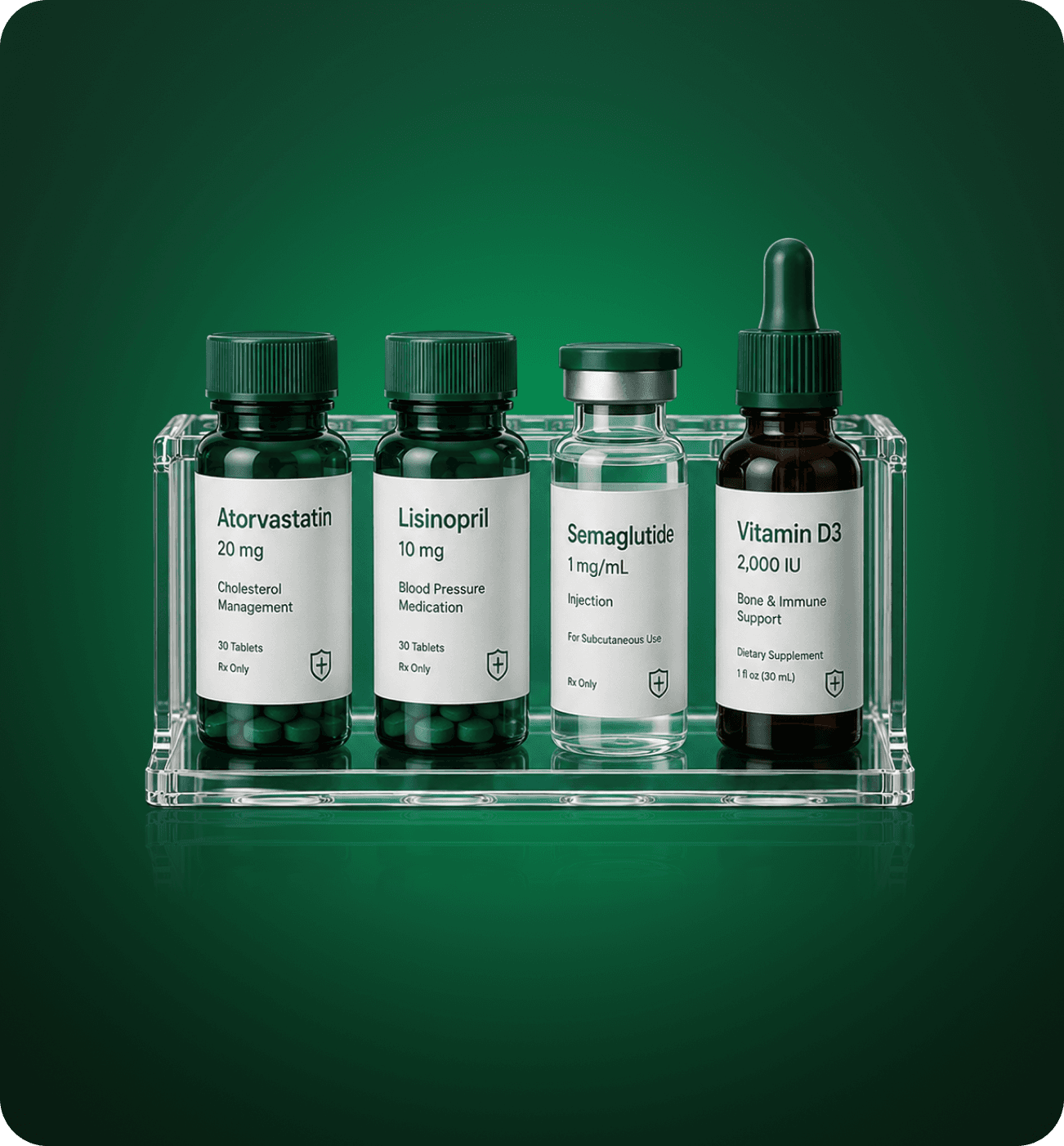 Prescription and supplement bottles filled through certified pharmacies